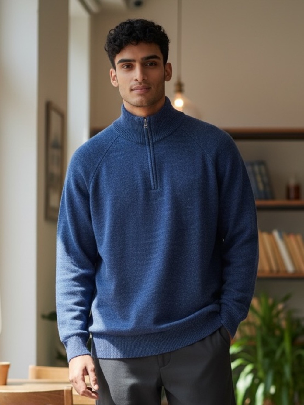J. Crew Men's 1/4 Zip Sweatshirt in Blue 100% Cotton